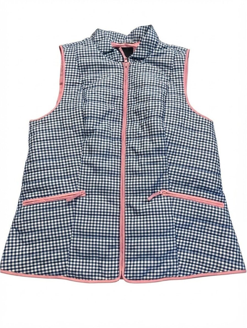 Talbots Quilted Puffer Vest Blue White Gingham Check Pink Trim Womens NWOT Large